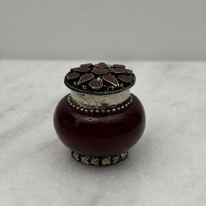 Vintage Ruby Red Glass Metal Jeweled Pill Box 2"